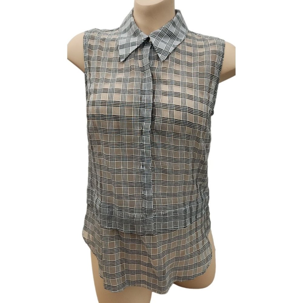 A.L.C. Semi Sheer Top 4 Blouse Plaid Black White Sleeveless Shirt Summer ALC